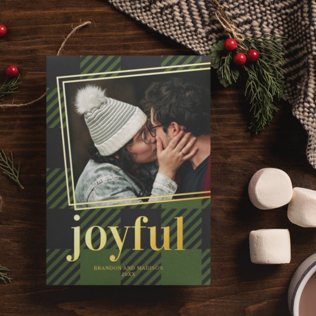 Plaid Joyful Christmas Photo Foil Holiday Card (Creator Uploaded)