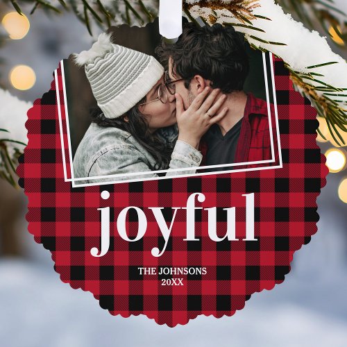 Plaid Joyful Christmas Photo Ornament Card
