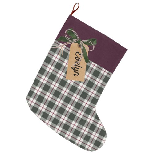 Plaid Kraft Tag Personalized Berry Red Green Cream Large Christmas Stocking
