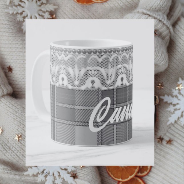 Plaid lace black white gray cute coffee mug (Creator Uploaded)
