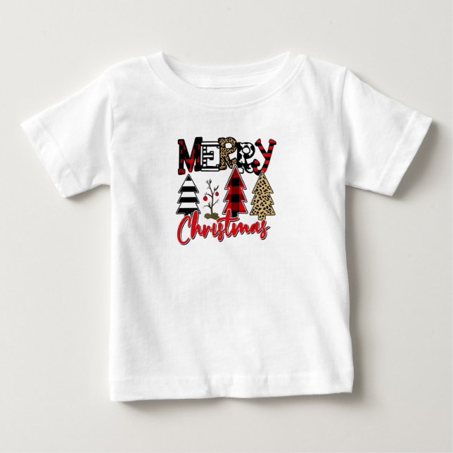 Plaid & Leopard Christmas Trees Baby T-Shirt (Front)