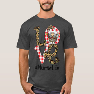Plaid Leopard Gnome LOVE Nurse Life Funny Valentin T-Shirt