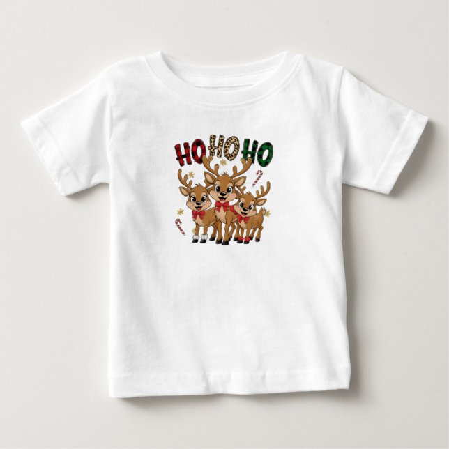Plaid & Leopard Ho Ho Ho Reindeer Kids Christmas Baby T-Shirt (Front)