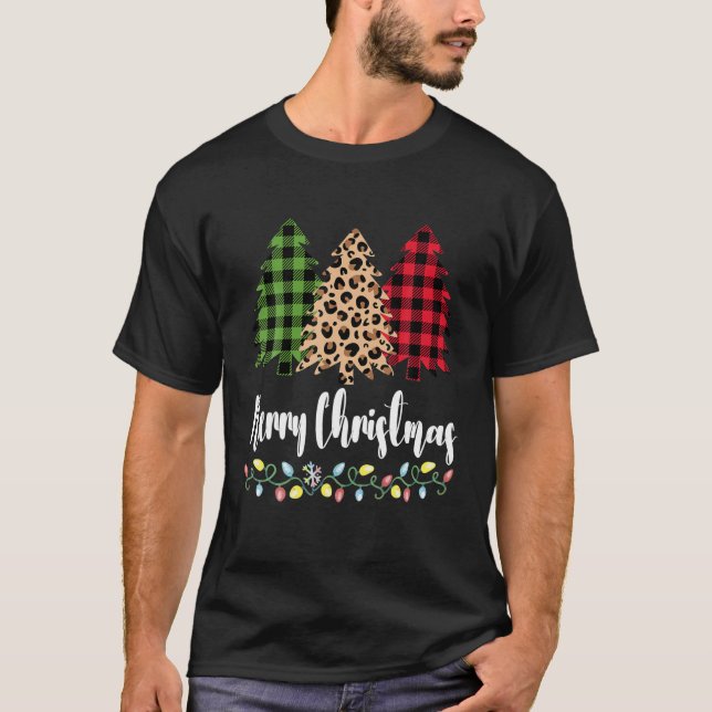 Plaid Leopard Patterns Merry Christmas Tree For T-Shirt (Front)