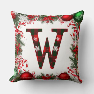 🎄 Plaid Letter W Christmas Wreath Candy Cane 🎄 Throw Pillow