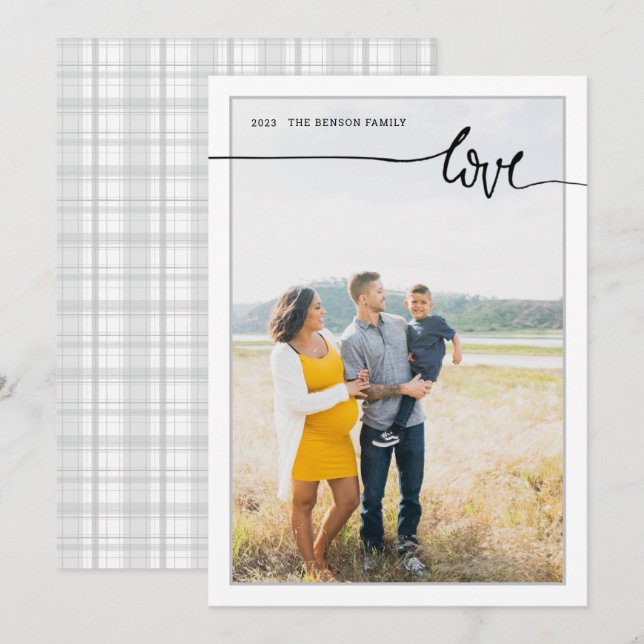 Plaid LOVE Minimal Script Gray Vertical Holiday Ca Card (Front/Back)