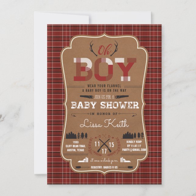 Plaid Lumberjack Baby Boy Shower Invitations (Front)