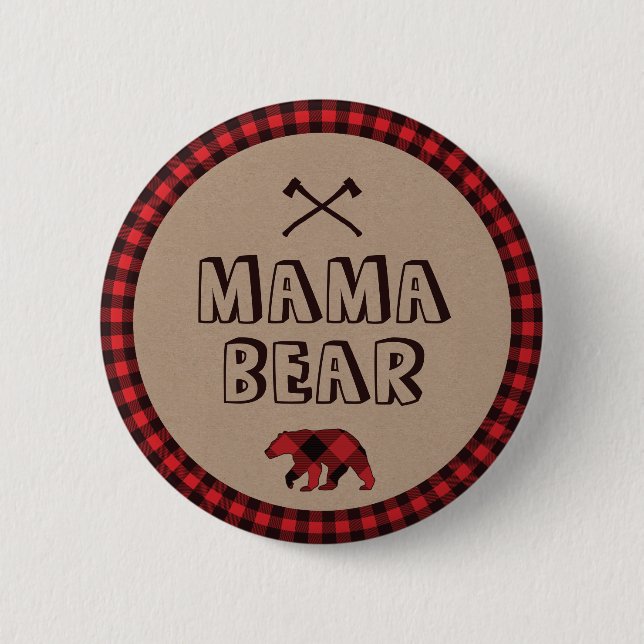 Plaid Lumberjack Mom Bear Birthday Baby Shower Button (Front)