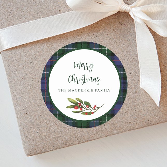 Plaid MacKenzie Tartan Family Christmas Holidays Classic Round Sticker (Christmas Rustic Plaid Red Berries Tartan Round Sticker)