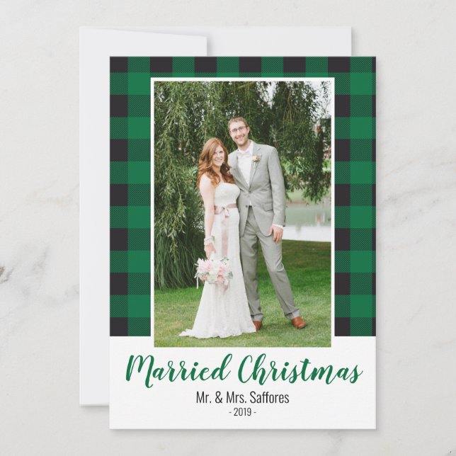 Plaid Married Christmas Holiday Photo Card (Front)
