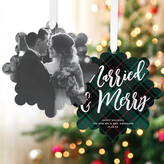 Plaid Married & Merry Script Big Photo Christmas  Ornament Card (Creator Uploaded)