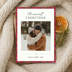 Plaid Merriest Christmas Couple Photo Ivory Holiday Card
