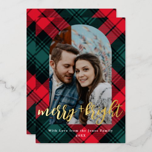 Plaid Merry and Bright Arch Frame Photo  Foil Holiday Card