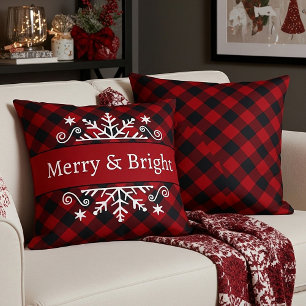 Plaid Merry & Bright snowflake Throw Pillow