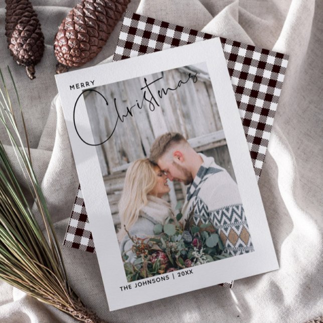 Plaid Merry Christmas Black & White Script Photo Holiday Card (Creator Uploaded)