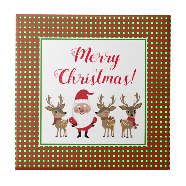Plaid Merry Christmas Custom Santa Claus Reindeer Ceramic Tile (Front)