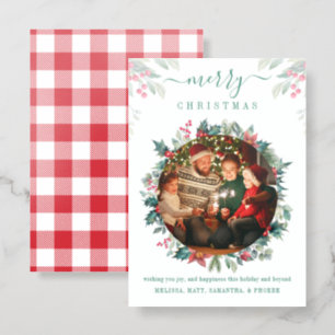 Plaid Merry Christmas Family Photo Botanical Letterpress Photo Cards
