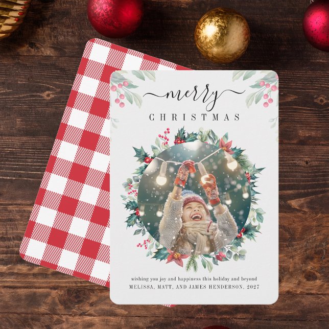 Plaid Merry Christmas Family Photo Mistletoe Note Card (Rustic Red White Gingham Photo Christmas Greetings Red Berries Card)