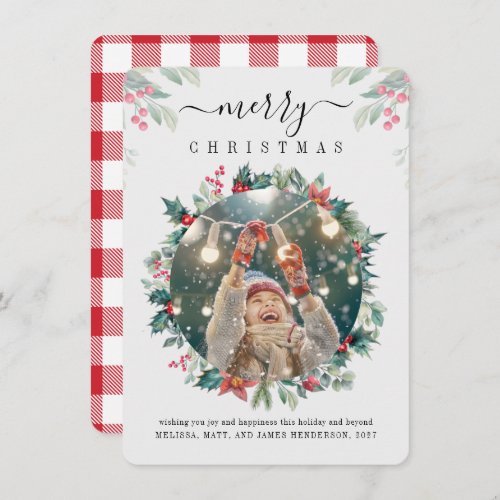 Plaid Merry Christmas Family Photo Mistletoe Note Card