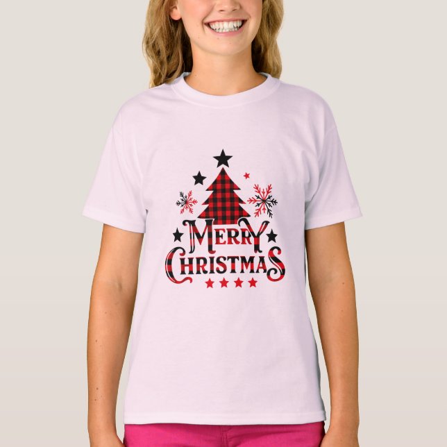 Plaid Merry Christmas Girls T-Shirt (Front)