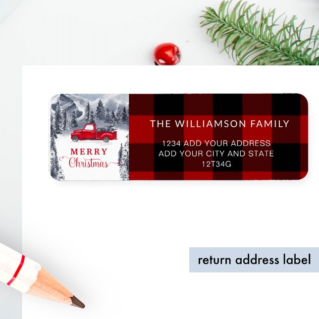 Plaid Merry Christmas Rustic Forest, Truck Address Label (Creator Uploaded)