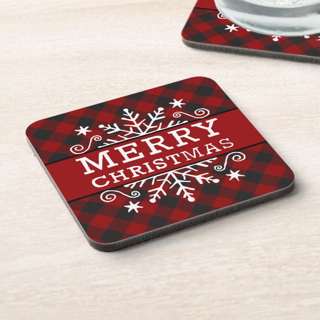 Plaid Merry Christmas snowflake  Beverage Coaster (Left Side)