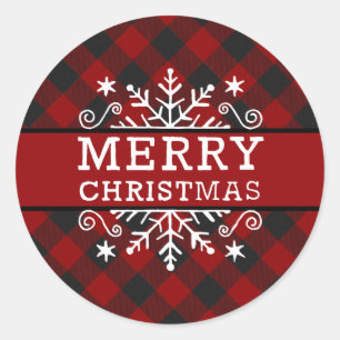 Plaid Merry Christmas snowflake Classic Round Sticker