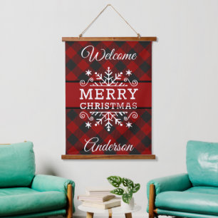 Plaid Merry Christmas snowflake Hanging Tapestry