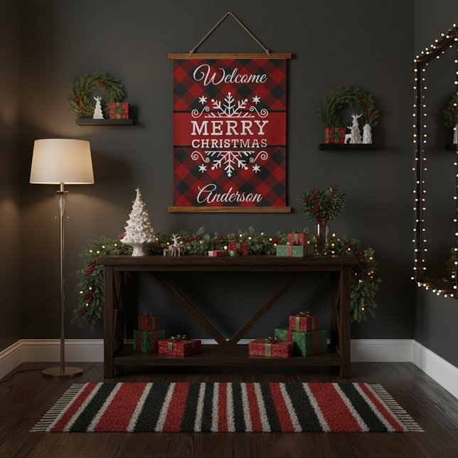 Plaid Merry Christmas snowflake  Hanging Tapestry (Creator Uploaded)