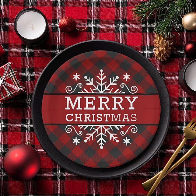 Plaid Merry Christmas snowflake  Paper Plates (Creator Uploaded)