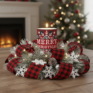 Plaid Merry Christmas snowflake  Pillar Candle