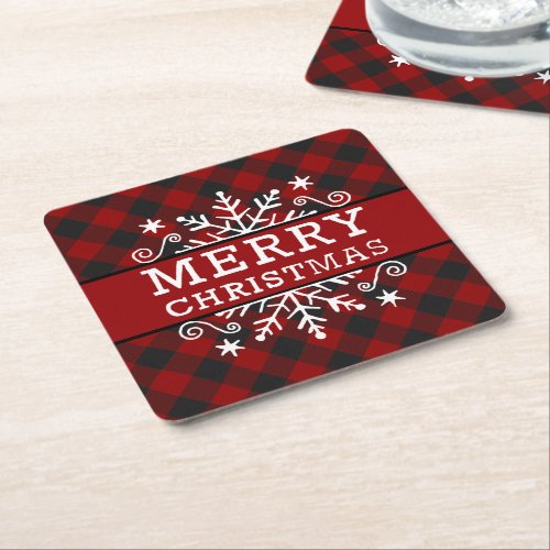 Plaid Merry Christmas snowflake  Square Paper Coaster