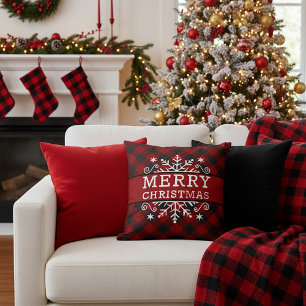 Plaid Merry Christmas snowflake Throw Pillow