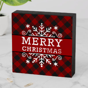 Plaid Merry Christmas snowflake Wooden Box Sign