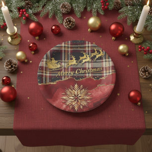 Plaid Merry Christmas with Golden Snowflake Paper Plates