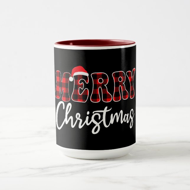Plaid MERRY Design with Santa Hat  Mug (Center)