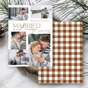 Plaid Merry & Married 5 Photo Newlywed Holiday Card