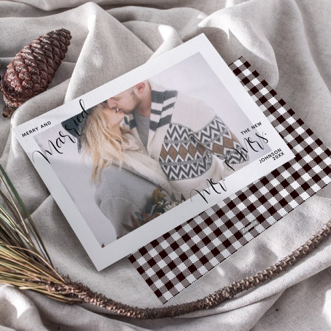 Plaid Merry & Married Script  Mr. & Mrs. Photo Holiday Card (Creator Uploaded)