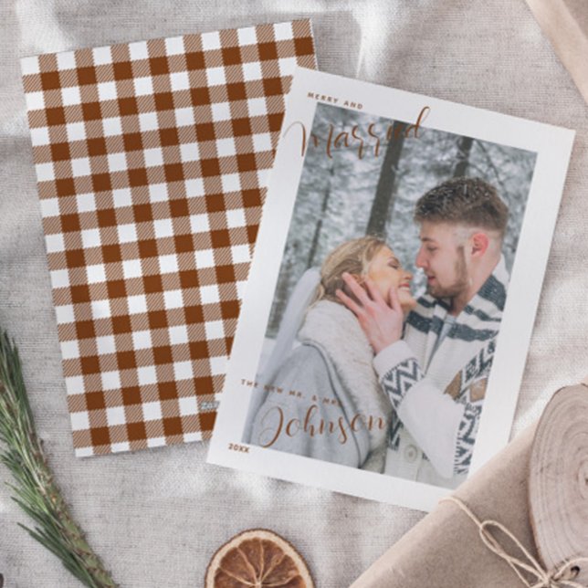 Plaid Merry & Married Script Photo Christmas Card (Creator Uploaded)