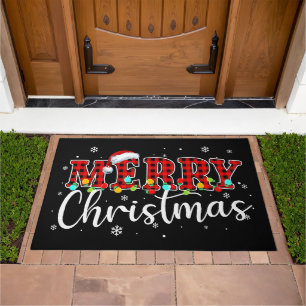 Plaid “MERRY” with Santa Hat and Christmas Lights Doormat