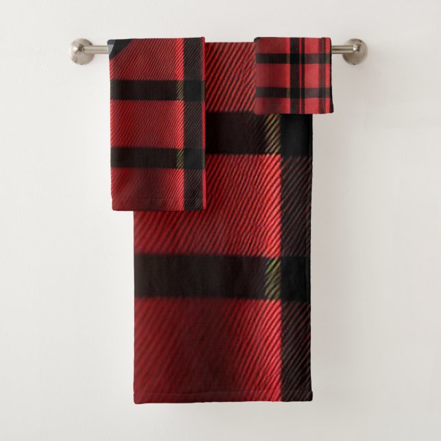 Plaid Modern Abstract Red Black Plaid Collection Bath Towel Set (Insitu)