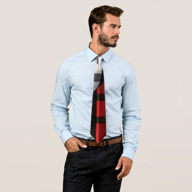 Plaid Modern Abstract Red Black Plaid Collection Neck Tie (In Situ)