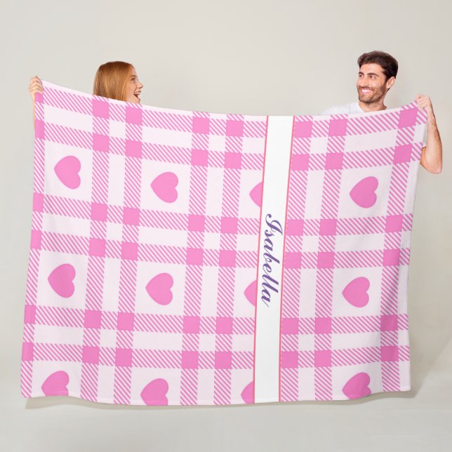 Plaid Modern Pink Heart Collection Fleece Blanket (In Situ)