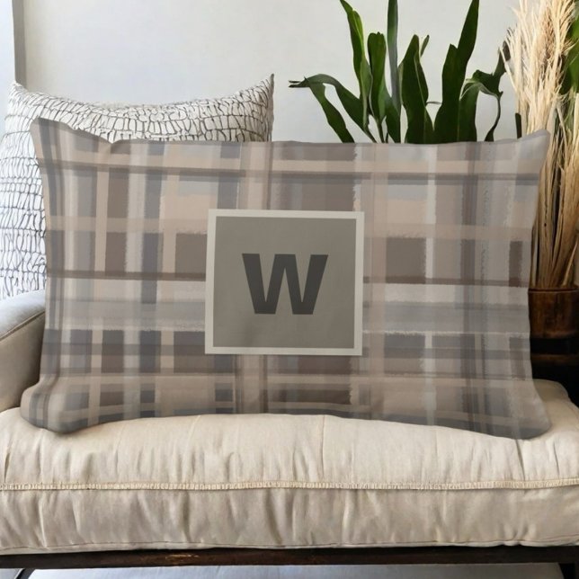 Plaid monogram beige brown tan gray farmhouse  lumbar pillow (Creator Uploaded)