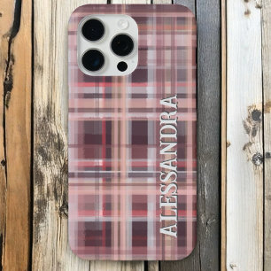 Plaid monogram blush pink burgundy red stripes  iPhone 15 pro max case