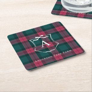 Plaid Monogram Custom Holiday Logo Square Paper Coaster