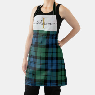 Plaid Monogram Green Name Rustic Tartan Apron