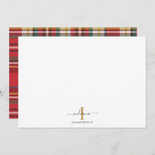 Plaid Monogram Initial Name Holiday Rustic Script Note Card (Front/Back)