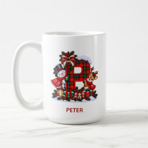 Plaid Monogram Letter P Snowman Reindeer Mug