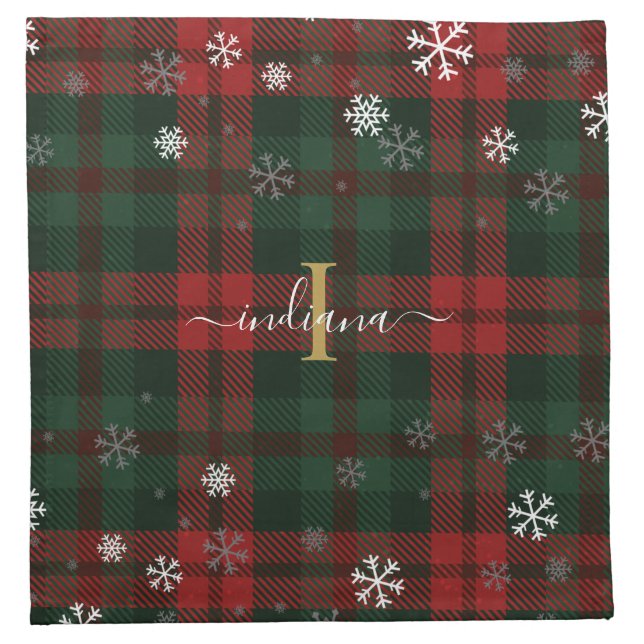 Plaid Monogram Script Snowflakes Rustic Name Cloth Napkin (Front)